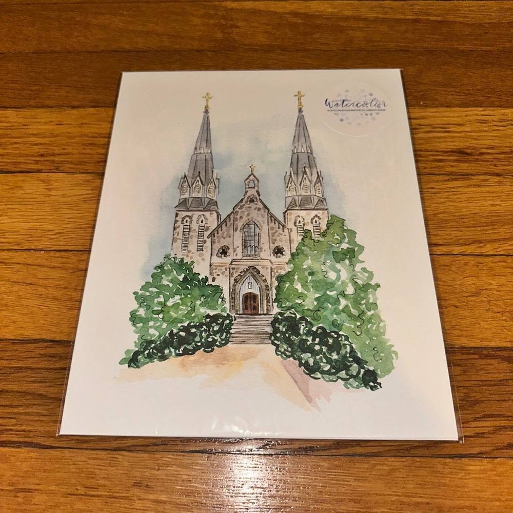 Hand-painted watercolor painting of Villanova’s church!